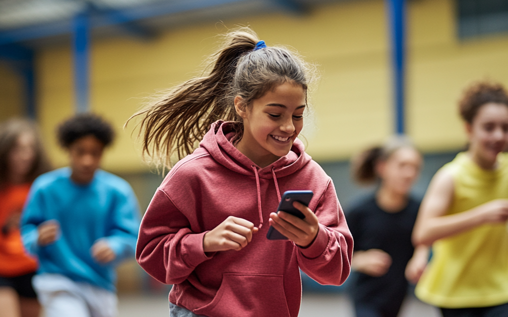Ein Mädchen läuft mit dem Smartphone in der Hand in einer Turnhalle